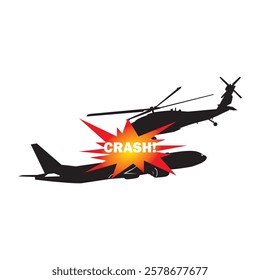 Silhouette illustration of commercial airplane and helicopter crashing in the air on isolated white background