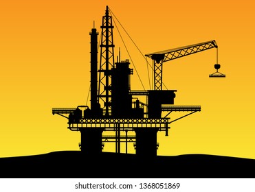 Silhouette illustration of the construction of offshore oil drilling and mining of fuel for energy