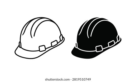 Silhouette illustration of construction safety helmets in outlined and solid styles, symbolizing industrial protection, occupational safety, durability, and workplace health standards
