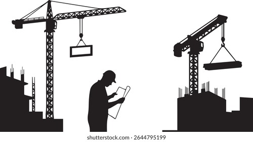 Silhueta ilustração de um canteiro de obras com gruas, edifícios e um trabalhador estudando planos, ideal para construção, engenharia e projetos de arquitetura.