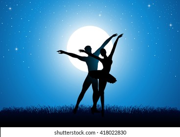 Ilustración de silueta de un ballet de baile de pareja con luna llena