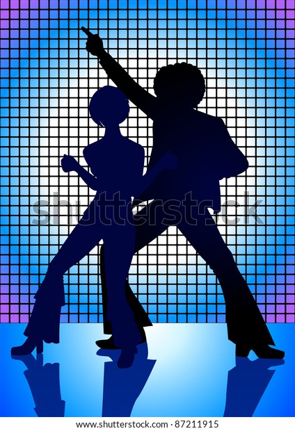 Silhouette Illustration of couple dancing on the\
floor in the 70s