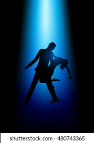 Silhouette illustration of a couple dancing under the blue light