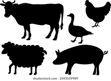 Silhouette Illustration of Cow, Pig, Sheep, Chicken and Duck. Element to represent animals or livestock (beef, pork, lamb, poultry)