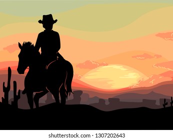 Silhouette Illustration of a Cowboy Man Riding a Horse During the Sunset