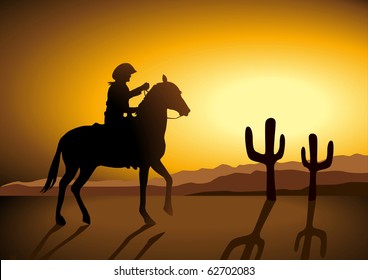 Silhouette illustration of a cowboy riding a horse during sunset