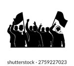 Silhouette illustration of a crowd of people protesting with raised flags. Concept of social movement, activism, unity, and freedom of speech. Minimal black design isolated on background, suitable for news, campaigns, and editorial themes.