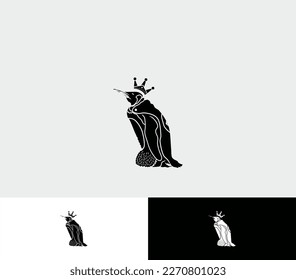 silhouette illustration of crowned penguin for logo