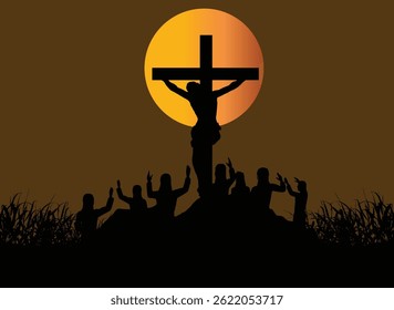 silhueta ilustração da crucificação de Jesus Cristo. No centro, Jesus é retratado pendurado na cruz, com os braços estendidos.