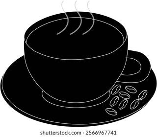 the silhouette illustration of a cup of coffee with coffee bean placed beside the cup.