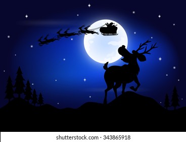 Silhouette illustration of deer afraid see Santa Claus riding a sleigh pulled by reindeer with the moon as a background 
