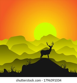 Silhouette illustration of a deer on top of a mountain at sunset