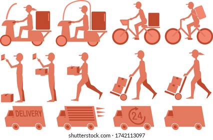 Silhouette illustration of deliveryman, bicycle and truck