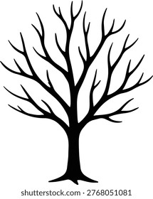 A silhouette illustration depicts a bare tree in a stark winter scene. The tree's intricate branches reach upwards, creating a stark contrast against the white background. Ideal for nature-themed designs, seasonal projects, or simple graphic elements.