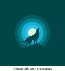 The silhouette illustration design of the wolf roars at night Isolated on colorful background. Suitable for landing pages, icons, stickers and posters.