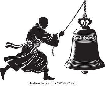 Silhouette illustration of a determined buddhist monk pulling a thick rope to ring a large heavy ornate temple bell