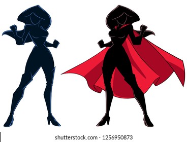Silhouette illustration of determined super heroine ready for battle, isolated on white background for copy space.