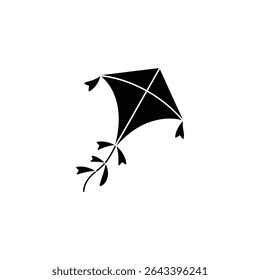 Silhouette illustration of a diamond-shaped kite featuring an elegant, decorative tail. Suitable for children's crafts, design projects, and creative endeavors. Single object image.