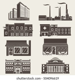 Silhouette illustration different urban industrial buildings in a flat style.