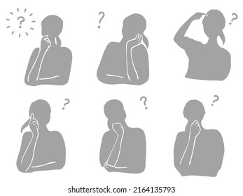 Silhouette illustration of a distressed woman full of question marks