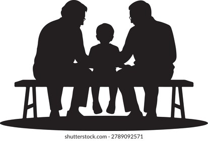 A silhouette illustration of an elderly couple sitting on a wooden bench with a young child between them, representing family connection and love.