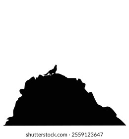 Silhouette illustration element design of a wolf on a very high hill so that the wolf looks very small. Silhouette illustration element design of wild nature