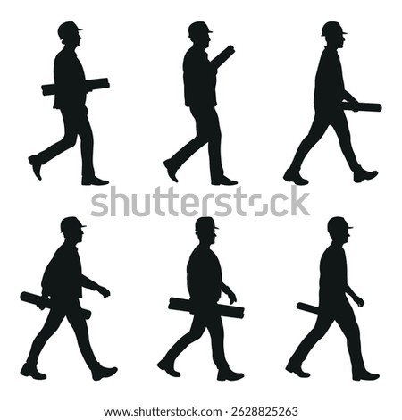 Silhouette illustration of Engineer or Architect walking carrying blueprint on white background