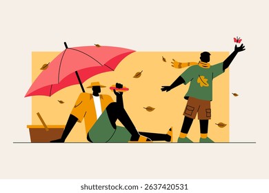 Silhouette illustration of a family enjoying picnic and playing with leaves during autumn