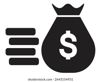 A ilustração da silhueta apresenta uma pilha de moedas representadas por três linhas horizontais e um grande saco com um sinal de dólar.