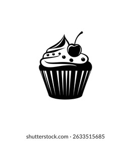 Silhouette illustration featuring a cupcake topped with icing, sprinkles, and a cherry. Sweet treat icon is isolated on transparent background.