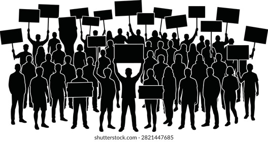 A silhouette illustration featuring a large group of people holding blank signs, representing a protest, demonstration, or public rally.
