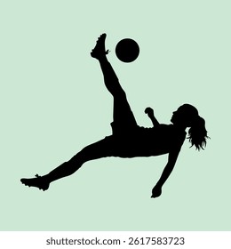 A silhouette illustration of a female soccer player kicking a ball in a somersault style