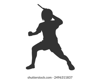 Silhouette illustration of a female table tennis player (left-handed) swinging a racket.