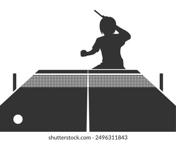 Silhouette illustration of a female table tennis player (left-handed) swinging a racket and a table tennis table.