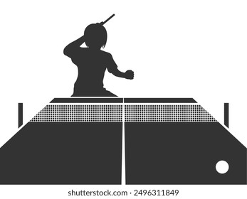 Silhouette illustration of a female table tennis player swinging a racket and a table tennis table.