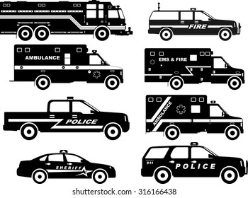 Silhouette illustration of fire truck, police and ambulance cars isolated on white background.