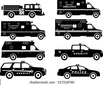 Silhouette illustration of fire truck, police and ambulance cars isolated on white background.