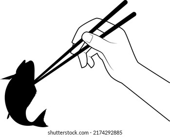 Silhouette illustration of a fish pinched with chopsticks