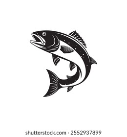 Silhouette Illustration einer Fischform im Wasser. Kunstgrafik eines einfachen Thunfischs, der unter Meerwasser zeichnet. Geeignet für Logo, Aquarium, Emblem, Sport, Restaurant, Maskottchen, Aufkleber, Label, Haustier, Skizze