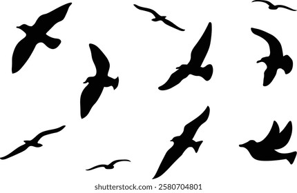 Silhouette illustration of a flock of birds flying in the sky