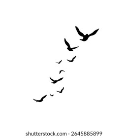 Silhueta ilustração de um bando de pássaros voando em formação sobre um fundo branco. Design vetorial minimalista simbolizando liberdade, natureza, migração e paz. 