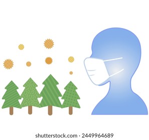 Silhouette illustration of flying pollen and a person wearing a mask for prevention
