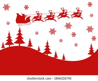 Silhouette Illustration of Flying Santa and Christmas Reindeer 
