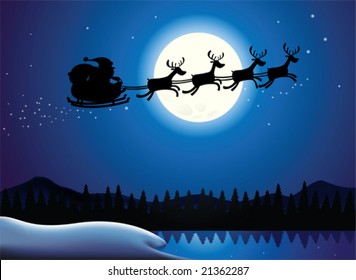 Silhouette Illustration of Flying Santa and Christmas Reindeer