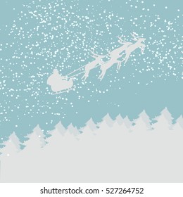 Silhouette Illustration of Flying Santa and Christmas Reindeer. stock vector
