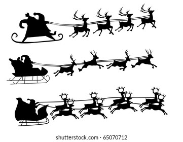 Silhouette Illustration Of Flying Santa And Christmas Reindeer