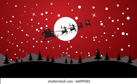 Silhouette Illustration of Flying Santa and Christmas Reindeer