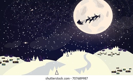 Silhouette Illustration of Flying Santa and Christmas Reindeer. stock vector