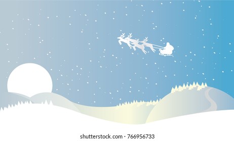 Silhouette Illustration of Flying Santa and Christmas Reindeer. Christmas landscape with snow, christmas tree and mountains. -stock vector