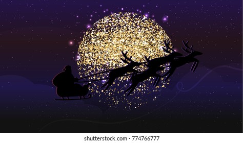 Silhouette Illustration of Flying Santa and Christmas Reindeer. stock vector